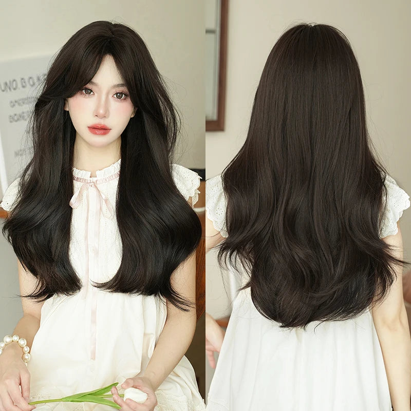 7JHH WIGS Body Wavy Wig Long Loose Curly Brown Wig for Women Daily Use High Density Synthetic Layered Hair Wigs with Bangs