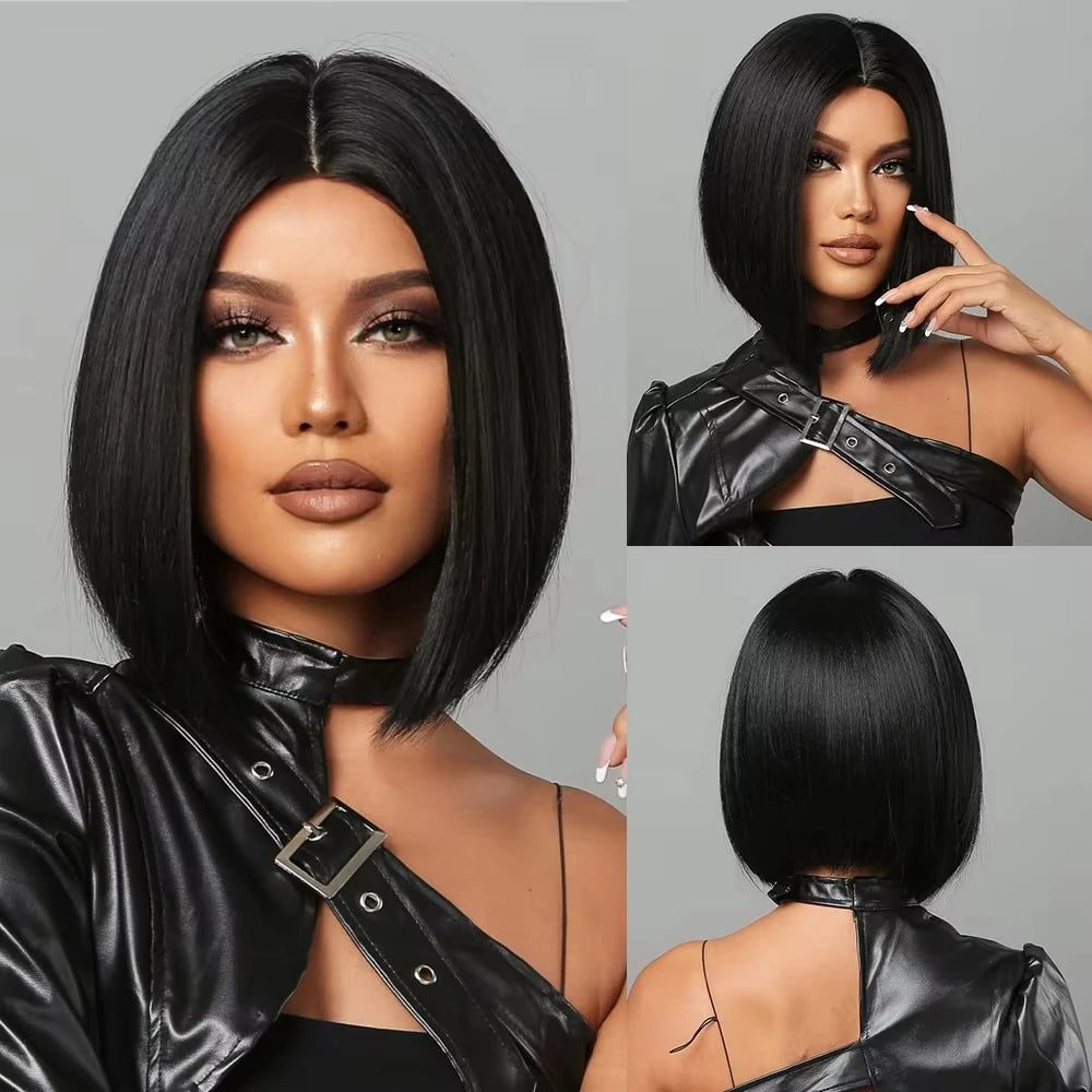 Black Bob synthetic wig women naturally split short straight hair holiday party daily wear high temperature silk wig