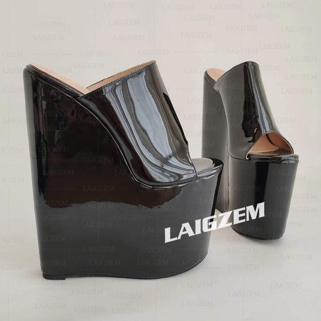 LAIGZEM Women Pumps Wedges Slip on Peep Toe 22CM High Heels Mules Party Ladies Height Increase Shoes Woman Large Size 41 44 48