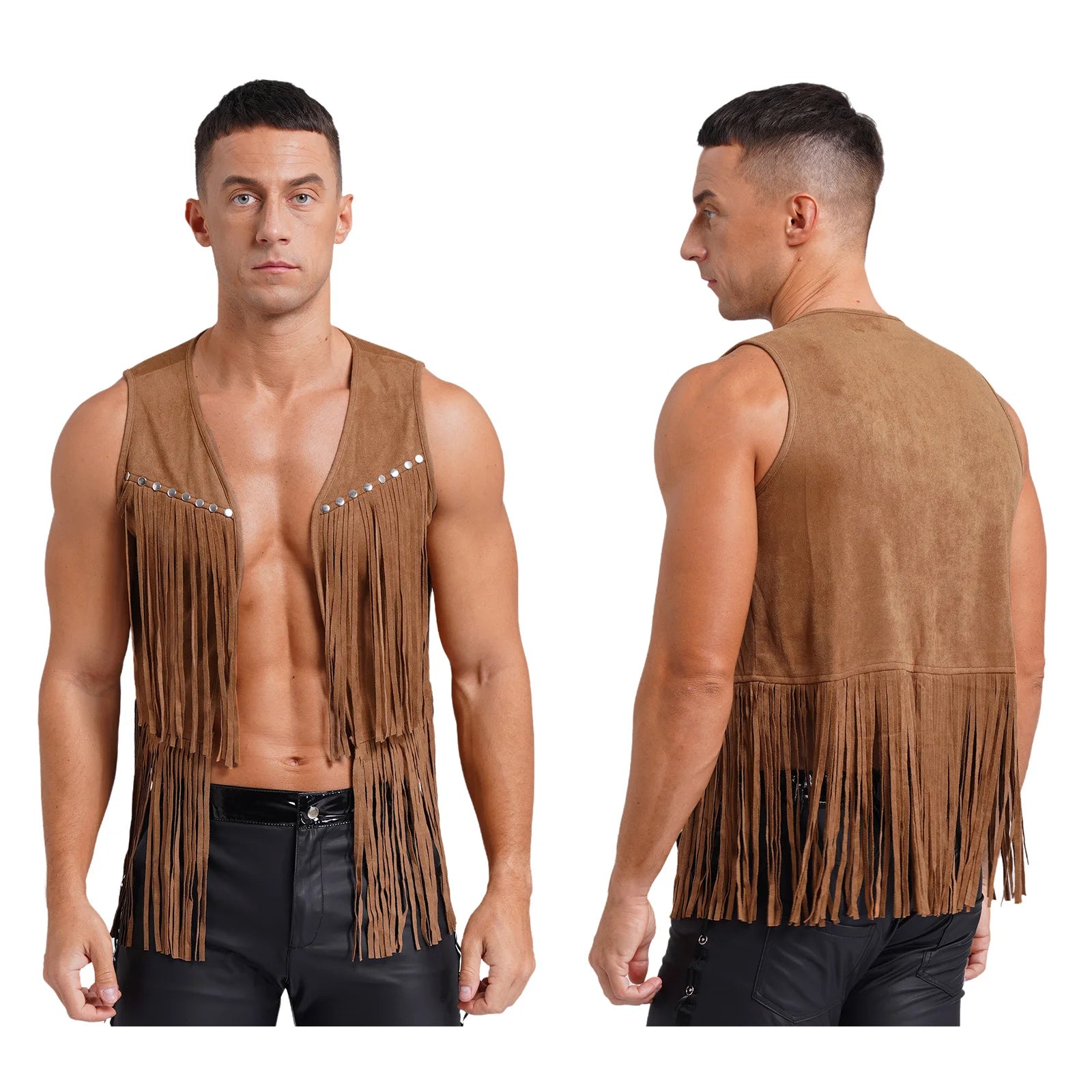 Mens Faux Suede Tassel Vest Coat Punk Western Cowboy Costume Fashion Rivets Fringe Waistcoat Open Front Sleeveless Jacket Tops