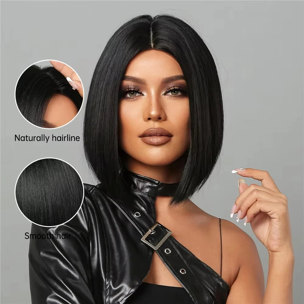 Black Bob synthetic wig women naturally split short straight hair holiday party daily wear high temperature silk wig