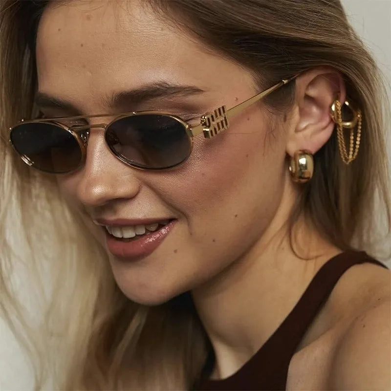 1PC Fashionable Metallic Double Beam Elliptical Sunglasses for Women New Versatile and Personalized Sunglasses for Spicy Girls
