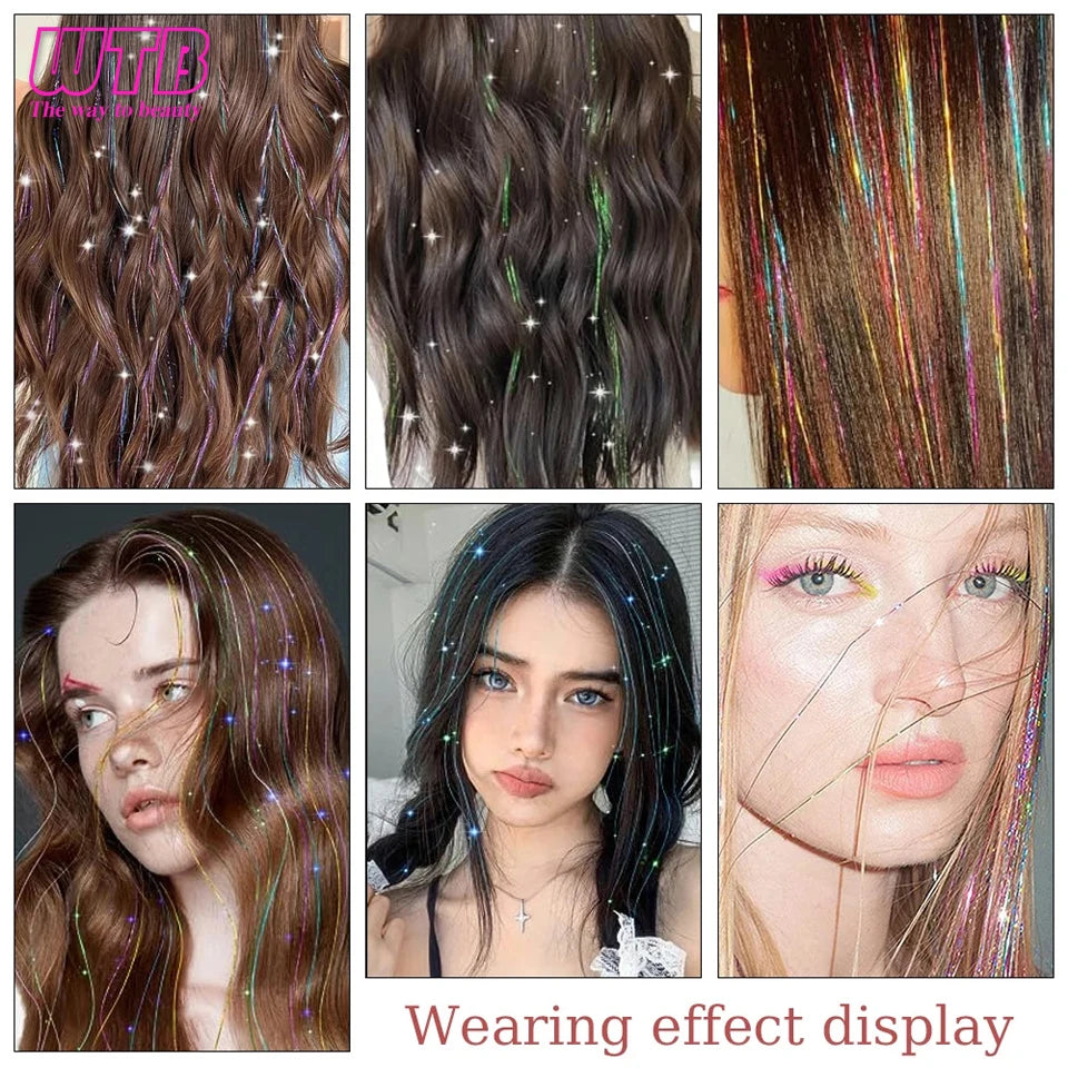 12Pcs Clip in Hair 20 Inch Synthetic Colorful Glitter Tinsel Hair Extension Fashion Party Christmas New Year Gift for Women Hair