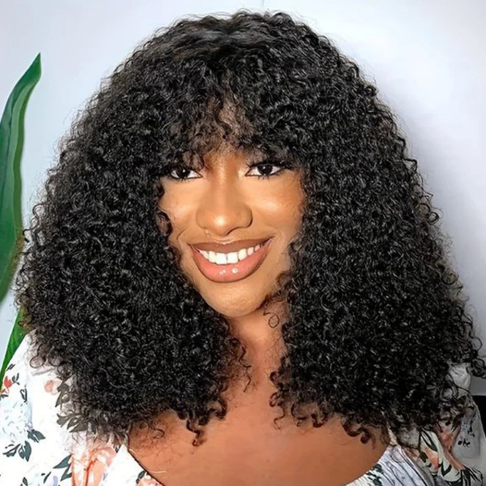 Curly Bob Wig With Bangs Short Bob Curly Wig for Women Natural Color Brazilian Human Hair Deep Wave Bob Wig With Bangs 16 Inch