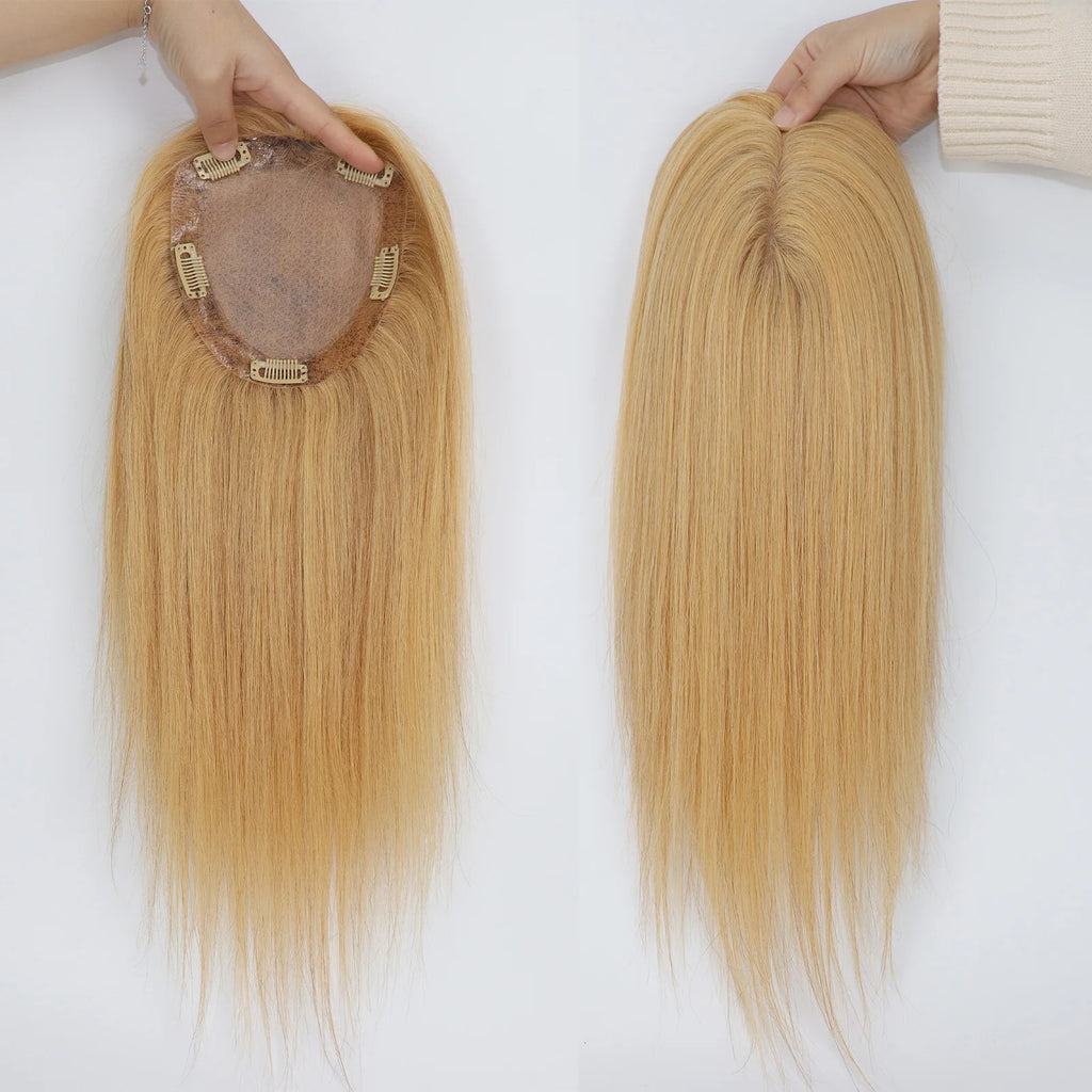 6x6" Golden Blonde Virgin Human Hair Topper Silk Skin Base Women Toupee Silk Top Hair Cover with Clips in & PU Edges Color #27