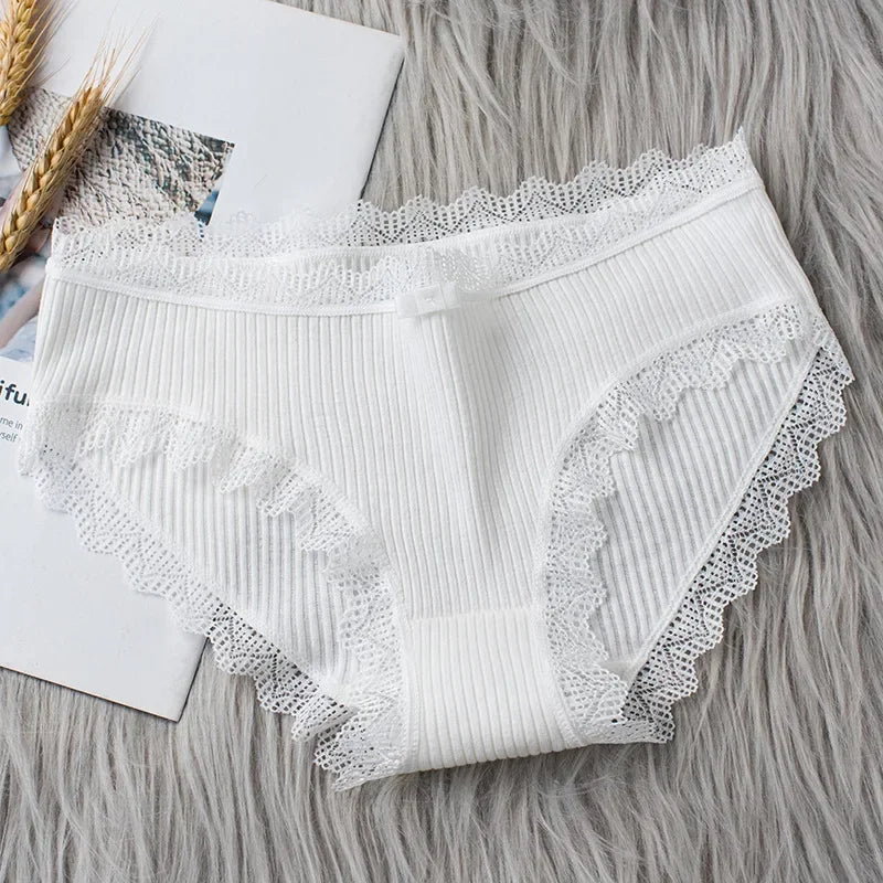 Cotton Sexy Lace Mid Waist Underwear Threaded Brief Solid Color Skin Friendly Ladies Underpant Breathable Fashion Casual Panties