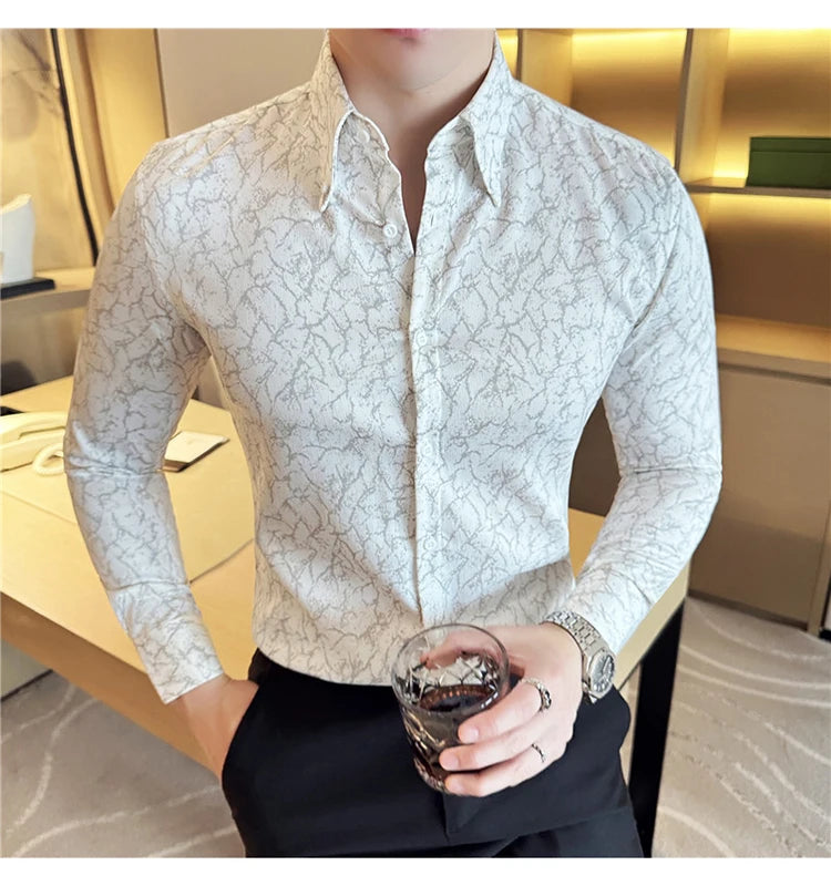Men Dress Shirt 2024 Solid Casual Long Sleeve Slim Fit Print Shirt Fashion Formal Social Banquet Tuxedo Wedding Men Clothing