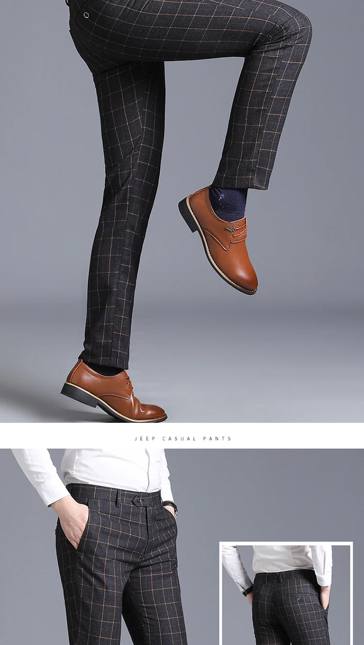 2025 New Burgundy Navy Plaid Casual Suit Pants for Men, Beige/Blue Vertical Stripe Non-Iron Slim Small Leg Work Trousers Men