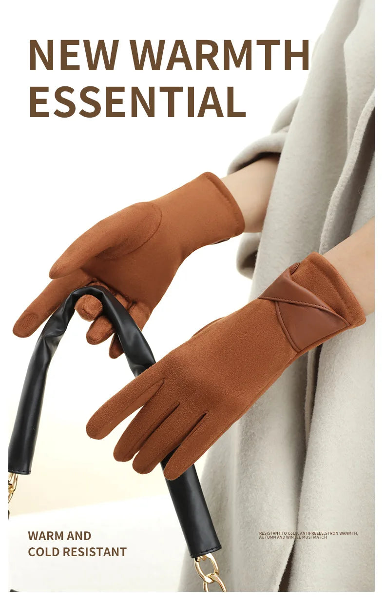 New Suede Gloves for Women Winter Plus Velvet Warm Commercial Style Temperament Bow Touch Screen Riding Driving