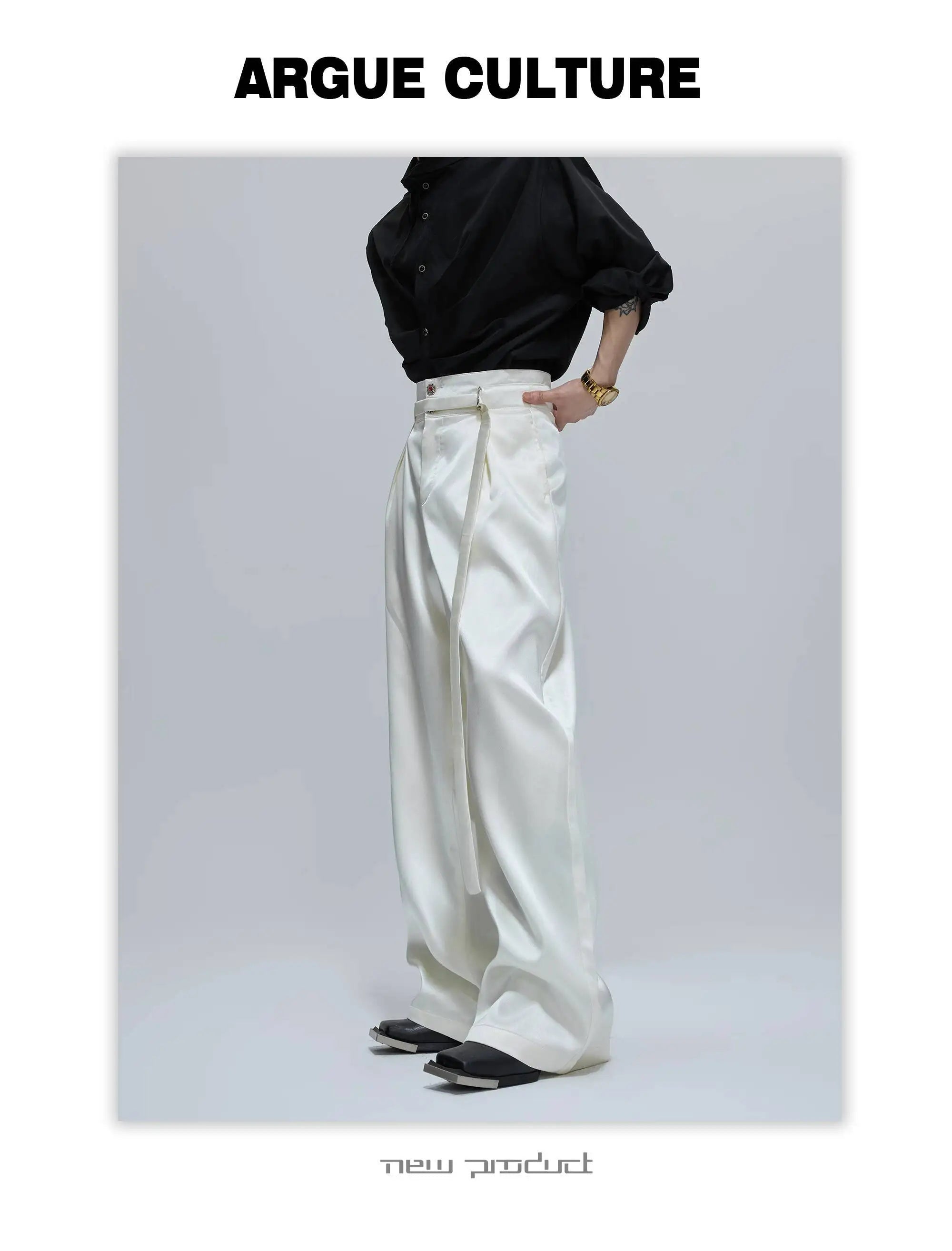 FEWQ Niche Design Men's Suit Sets Lapel Double Breatsed Silhouette Glossy Blazers Wide Leg Belt Chc Button Male Trousers 24K6098