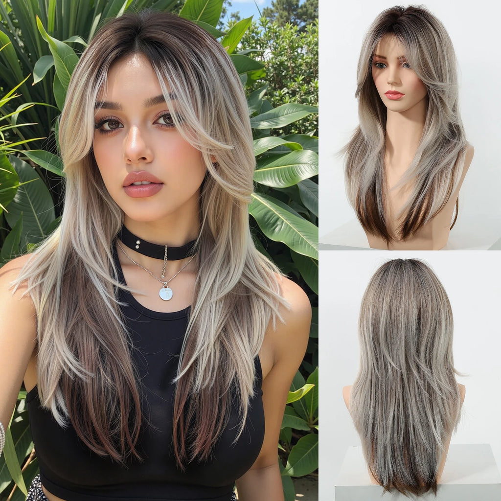 EASIHAIR Brown Straight Layered Wigs for Women Long Natural Hair Synthetic Wigs With Bangs Daily Use Party Heat Resistant Wigs