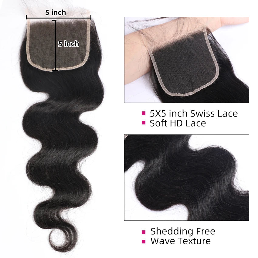 PerisModa Body Wave Human Hair Bundles With Closure 5x5 Transparent Lace 4×4 Brown Lace Brazilian Remy 12A Human Hair Extensions