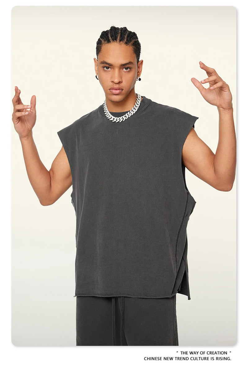 ZODF Vintage 2024 Washed 270gsm Cotton Tank Tops For Men Unisex Summer Relax Fit Slit Sleeveless Vest Streetwears HY0777