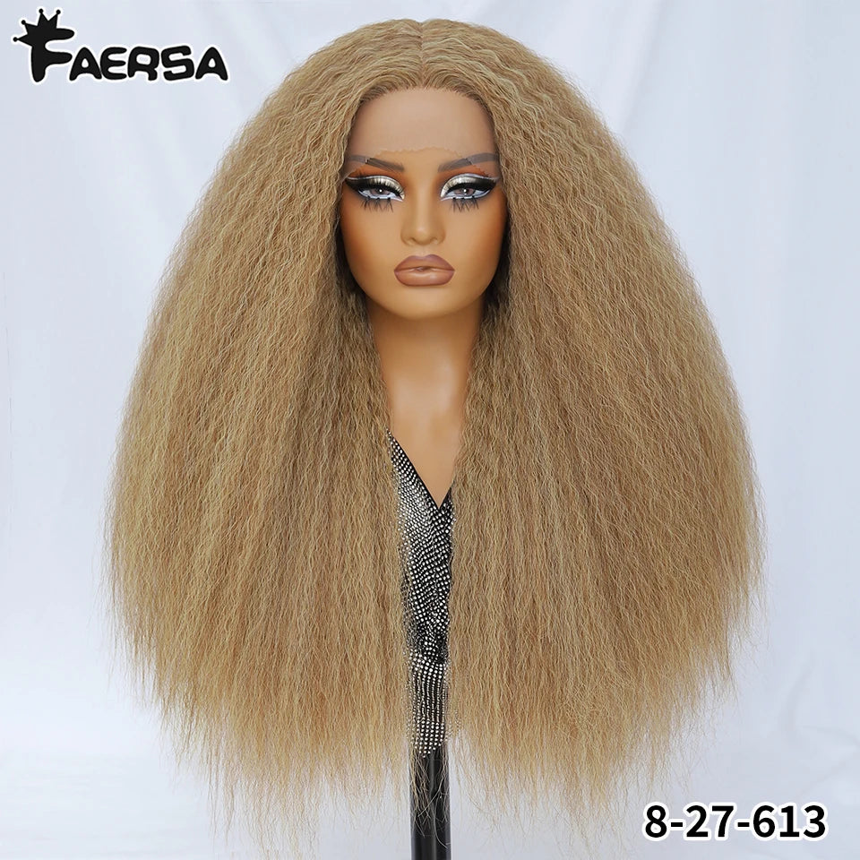 Kinky Straight Lace Front Wig T-Part 28Inch Synthetic 13x5x1 Long Lace Wigs Afro Yaki Straight Wigs Ombre Brown For Black Women