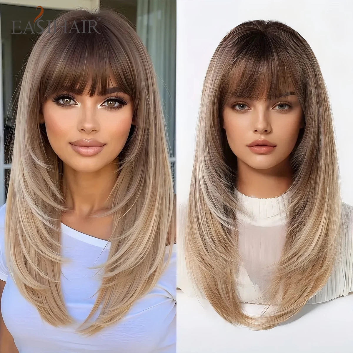 EASIHAIR Brown Straight Layered Wigs for Women Long Natural Hair Synthetic Wigs With Bangs Daily Use Party Heat Resistant Wigs