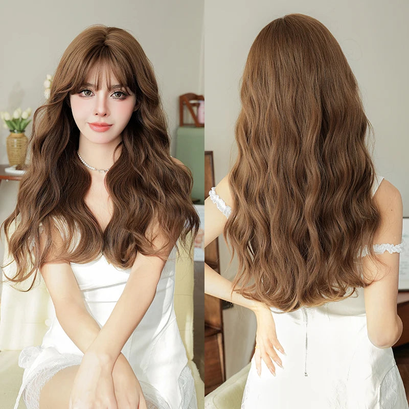 7JHH WIGS Body Wavy Wig Long Loose Curly Brown Wig for Women Daily Use High Density Synthetic Layered Hair Wigs with Bangs