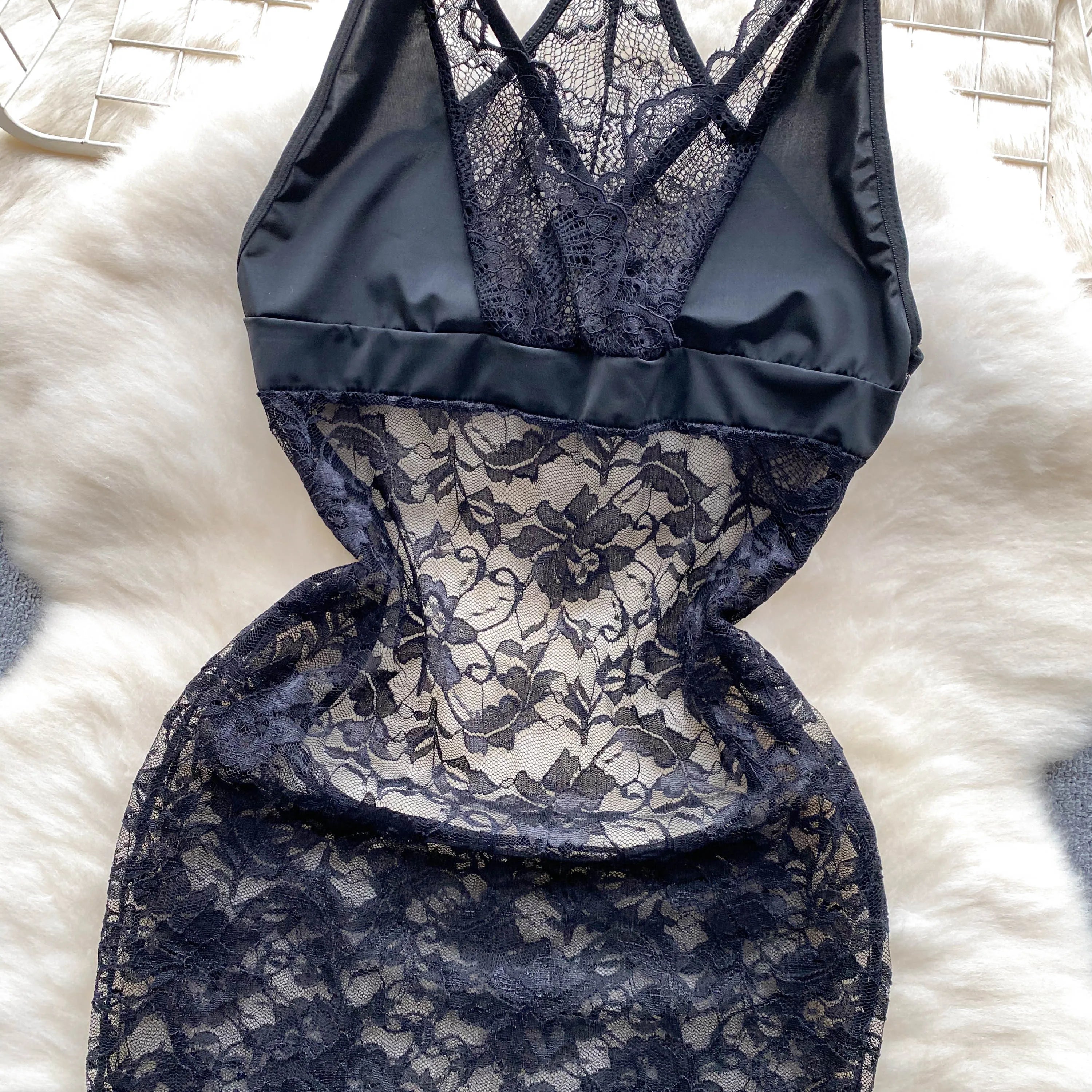SINGREINY Summer France Sensual Night Dress Erotic Hollow Out Camis Lingerie Nightwear Women Split Slim Sheer Lace Pajamas Dress