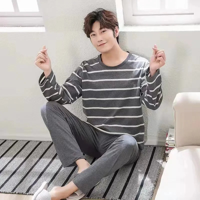 Summer Men's Pyjamas 2024 New Long-Sleeved Large Size Youth Home Wear Suit Black Plaid Trousers Two-Piece Set Can Be Worn Outsid