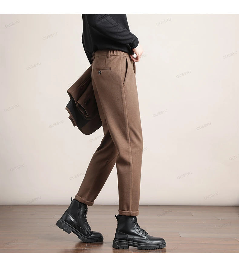 Brand Clothing Autumn Winter Luxury Suit Pants Men Thick Business Elastic Waist Woolen Ankle Pant Korean Formal Long Trousers