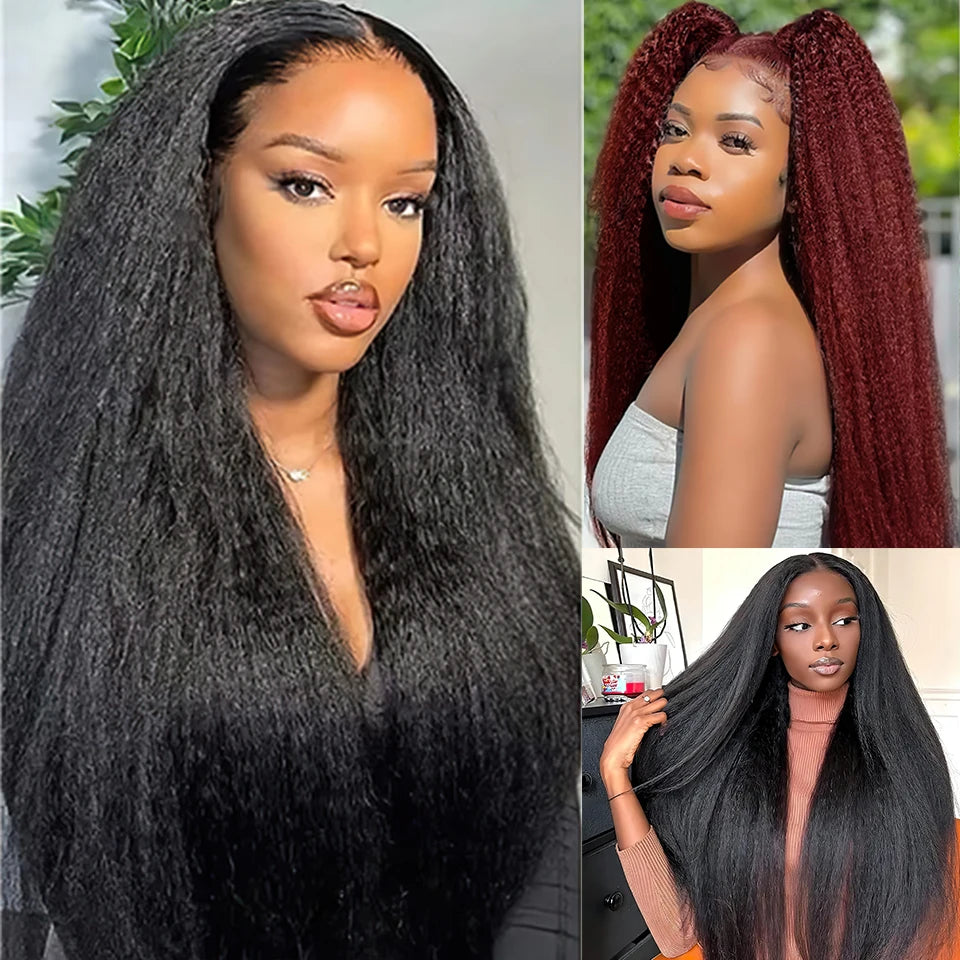 Kinky Straight Lace Front Wig T-Part 28Inch Synthetic 13x5x1 Long Lace Wigs Afro Yaki Straight Wigs Ombre Brown For Black Women