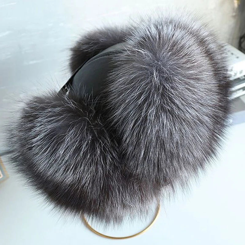 Natural Raccoon Fur Hat Women Black Fox Fur Russian Ushanka Hats Winter Warm Ears Bomber Cap