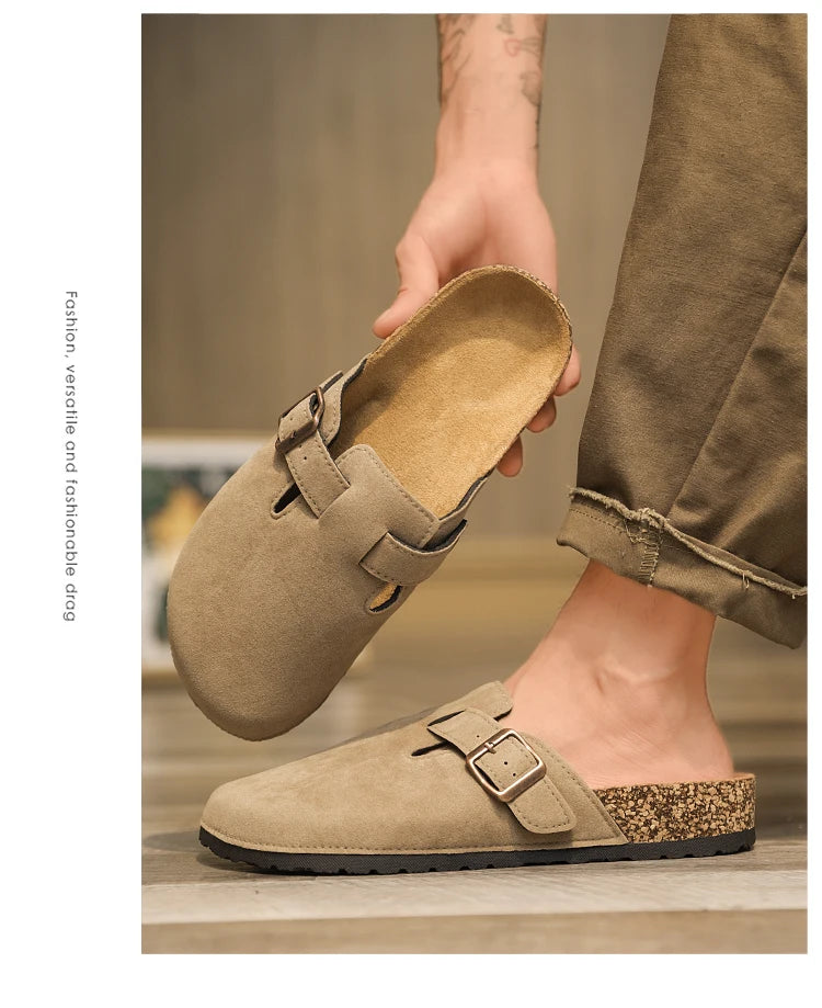 Plus Size 47 Men Half Shoes Casual Loafers Cork Clogs Slippers Fashion Suede Slip-on Flat Sandals soft-Soled Casual Sandals
