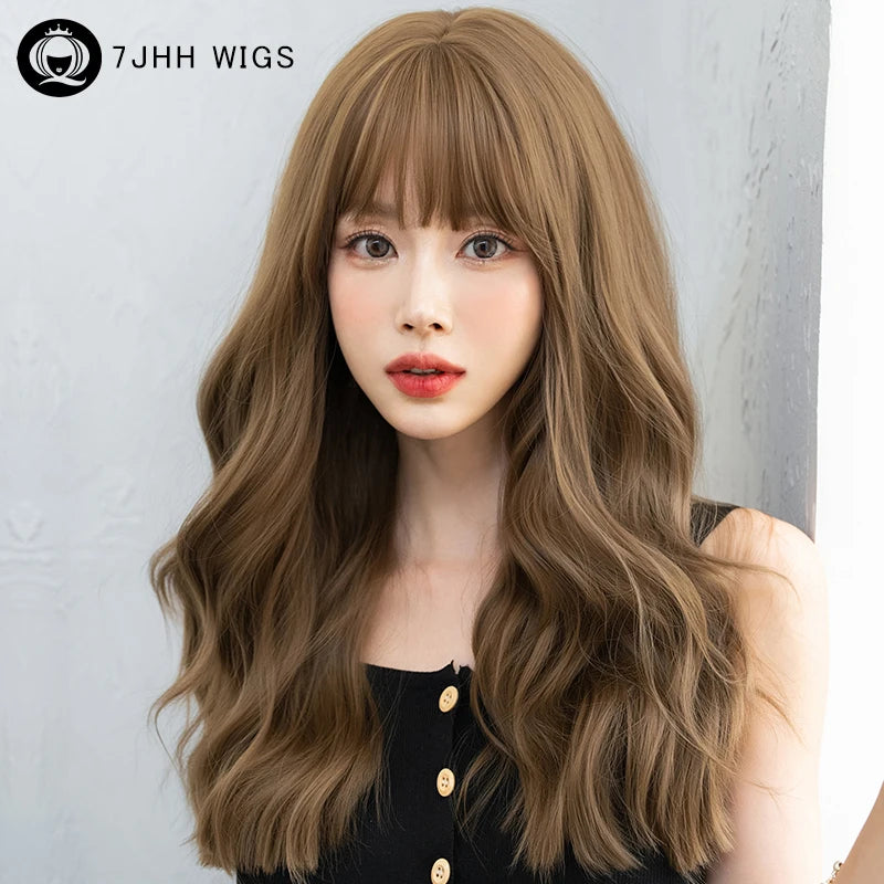 7JHH WIGS Body Wavy Wig Long Loose Curly Brown Wig for Women Daily Use High Density Synthetic Layered Hair Wigs with Bangs
