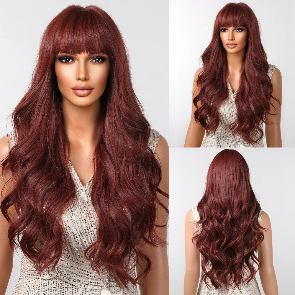 Brown Long Wavy Wig with Bangs Synthetic Natural Wave Hair Wigs for Black Women Afro Cosplay Party Daily Heat Resistant Fibre