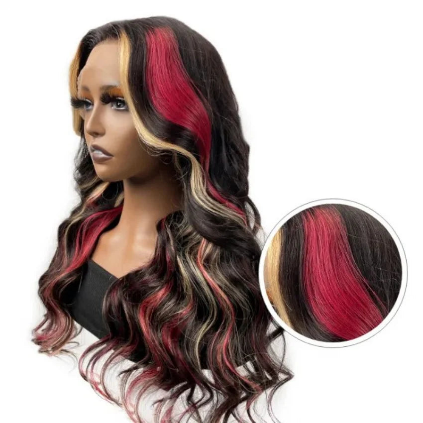 Black With Red Highlight Wig Synthetic Lace Front Wig 13X4 Pre plucked Hairline With BabyHairWomen's Wig with Density Lace Front