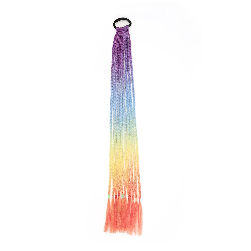 24inch Rubber Band Crochet Mixed Box Braids Plaited Ponytail Synthetic Gradient Dirty Braided Ponytail Hair Extensions for Kids
