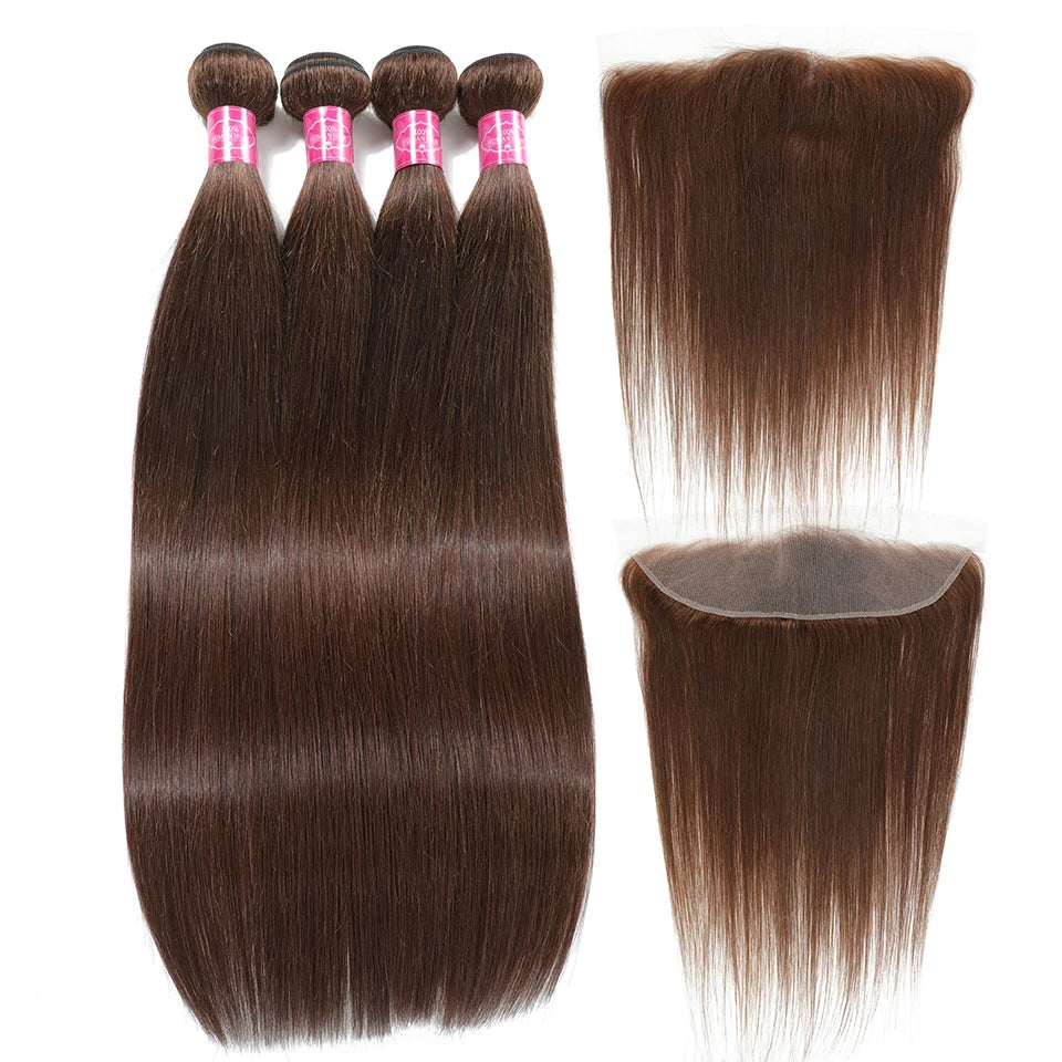 Clearance Cheap #4 Color Straight Human Hair Bundles With Closure Brazilian Virgin Human Hair Weave Bundles With HD Lace Closure