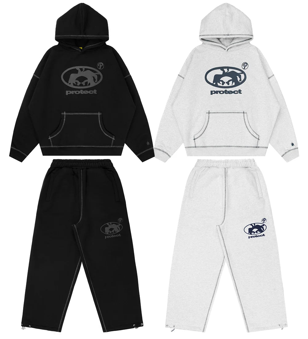 Streetwear Hoodie Sweatpants Two Piece Set Y2K Sportswear Men Harajuku HipHop Letter Embroidery Oversized Sweatshirt Casual Pant