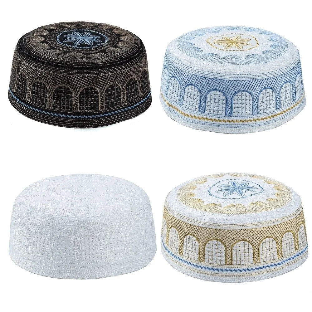 New Traditional Muslim Hat Embroidery Design Round Shape Prayer Hat Saudi Arabian Style Cotton Islamic Cap Prayer Use