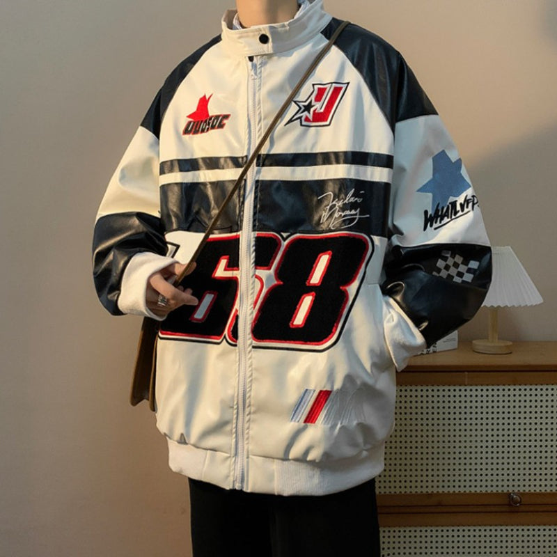 Gmiixder American Hip-hop Racing Coat Motorcycle Leather Jacket Men's Flocked Embroidery Loose Casual Windproof Punk Vibe Jacket
