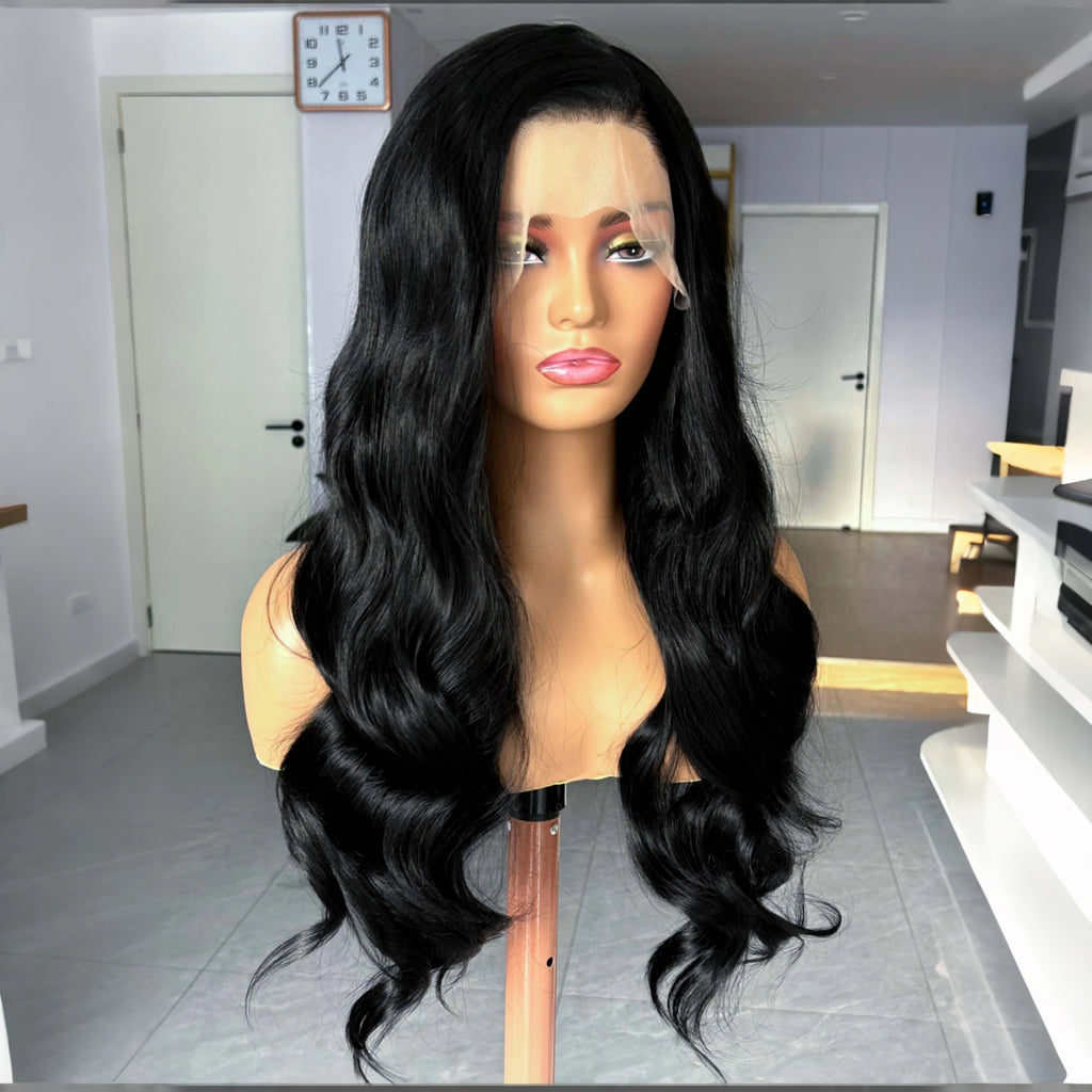 Long Wavy Black Natural Curly Synthetic Lace Front Wig Free Part Loose Body Wave 13X4 Frontal Wigs for Women Daily Party Cosplay