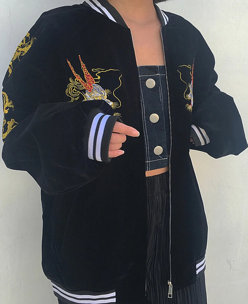 Unisex Spring Autumn Velveteen Baseball Jacket Men Women Luxury Sukajan Dragon Embroidery Bomber Coat Japanese 2026 Z1