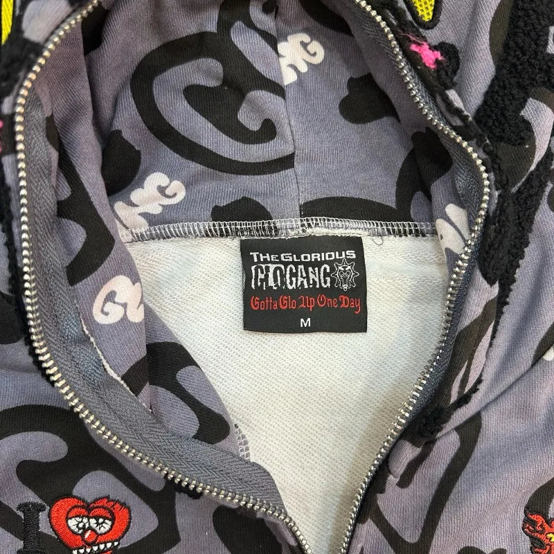 Unisex Glo Gang Zip Hoodie Cartoon Graphic Print Street Style Cozy Casual Wear