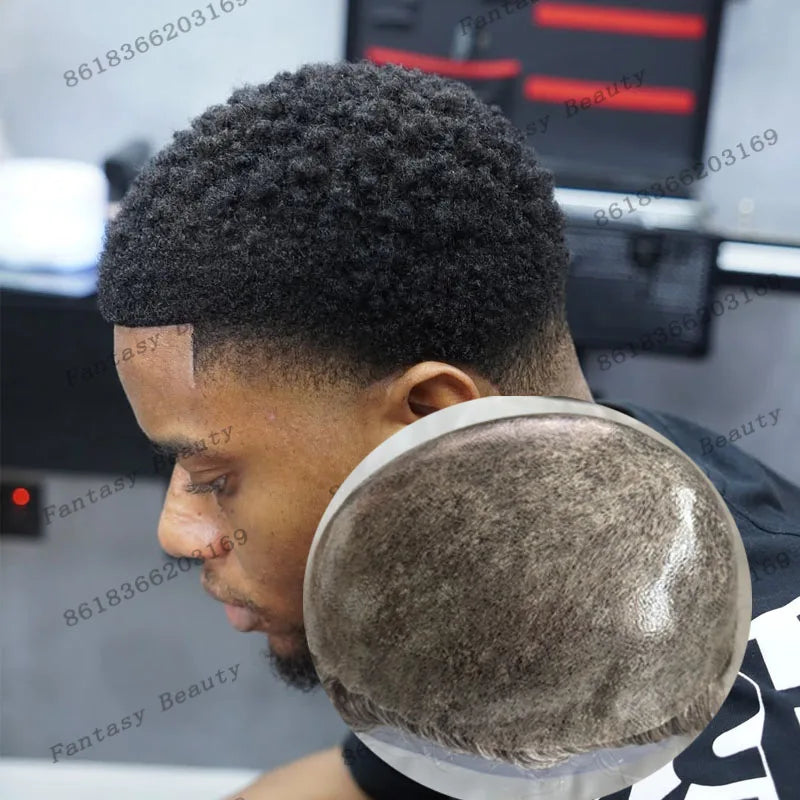 Undetectable 6mm Tight Curl Remy Human Hair Male Wigs System Prosthesis Durable Afro Black Man 0.1mm PU Base Men Toupee Natural