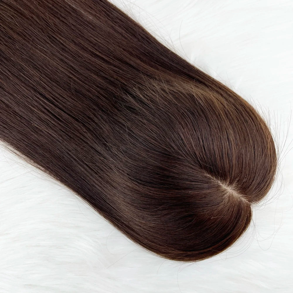 11x13cm Dark Brown Human Hair Topper Silk Base Hand Tied Silk Top Toupee Breathable Remy Hair Piece with Clips in for Women