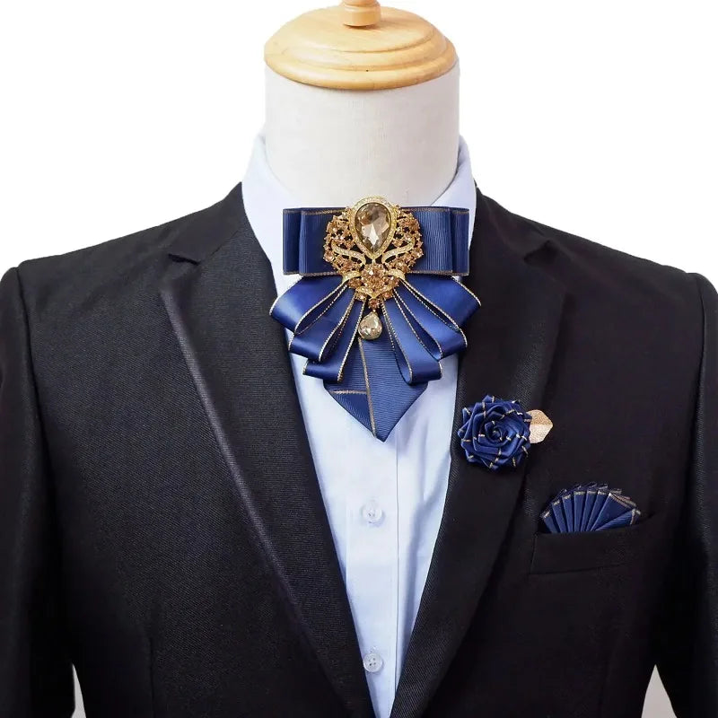 Vintage British Banquet Suit Shirt Collar Flowers Luxury French Men's Jewelry Bow Chest Clip 3-piece Set Wedding Bows Brooch Set
