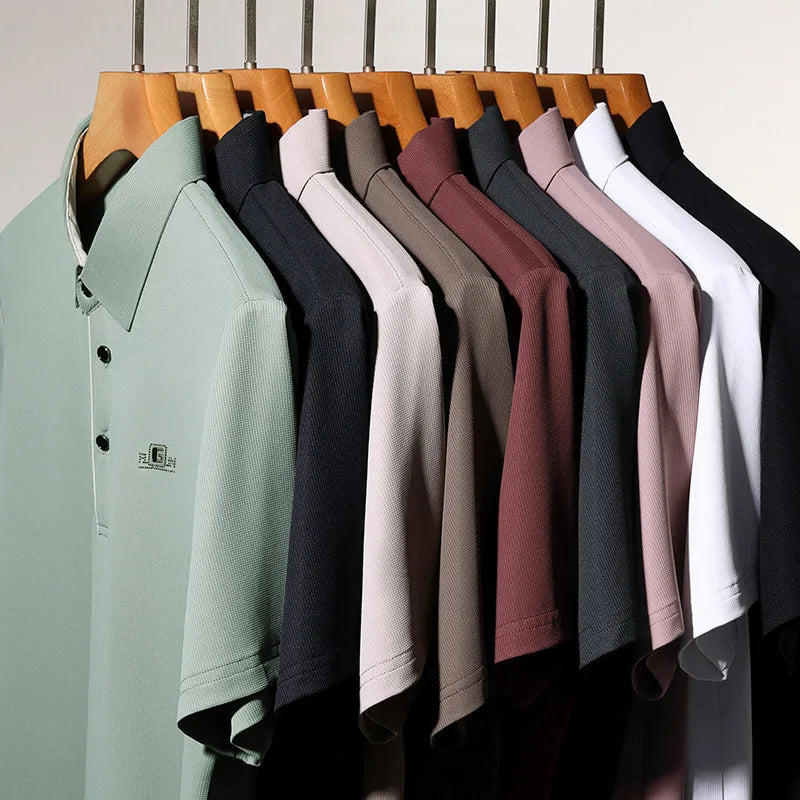 New Men's Business Casual Short Sleeved Shirt with Badge Solid Color Polo Shirt Fashionable Breathable Comfortable Versatile Top