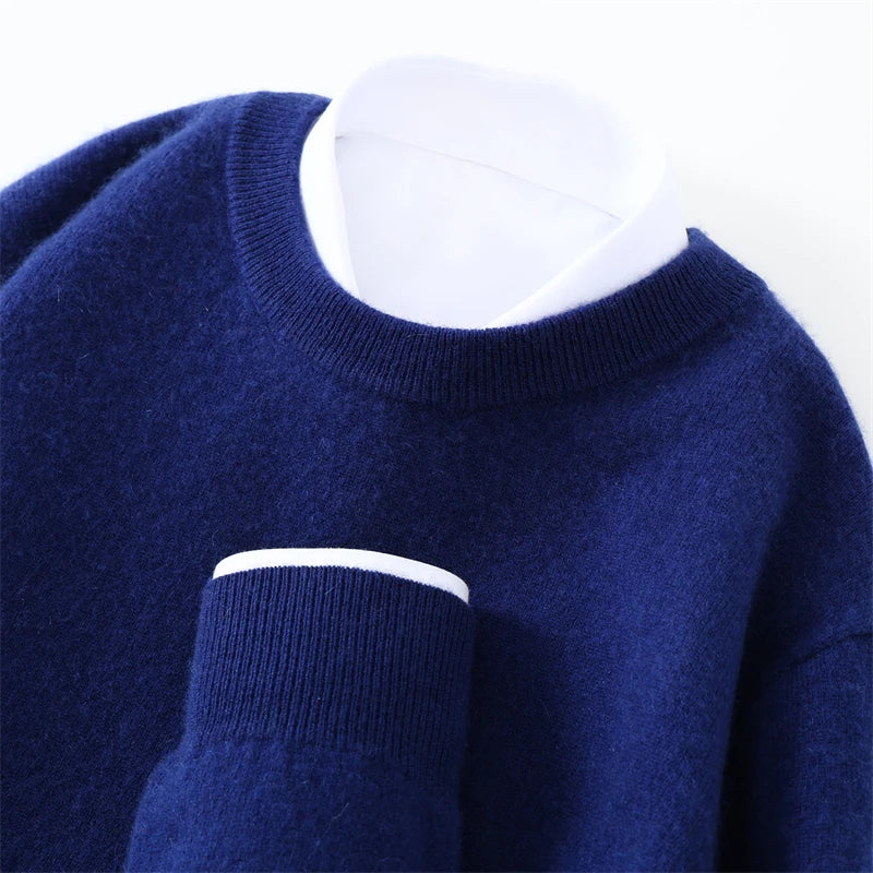 Autumn/Winter Men's 100% Pure Cashmere Pullover Business Casual Solid Knitted Sweater Loose Round Neck Tops Thick Warm Jumper