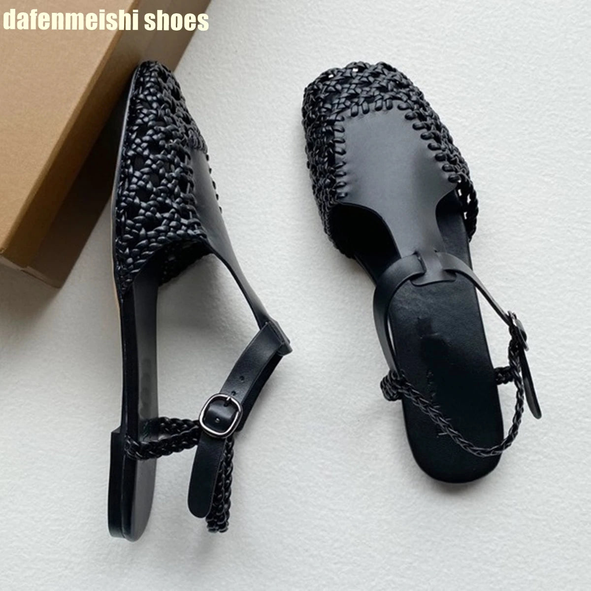 Flat Genuine Leather Woven Sandals Women's Hemp Rope Square Toe Summer Roman Shoes Singback Solid Color Fashion Shoes