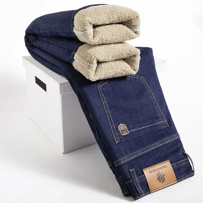 Winter Lamb Fluff Denim Straight Pants Men Thicken Big Size 40 Jeans High Waist Stretch Jeansy Fleece Lined Warm Slim