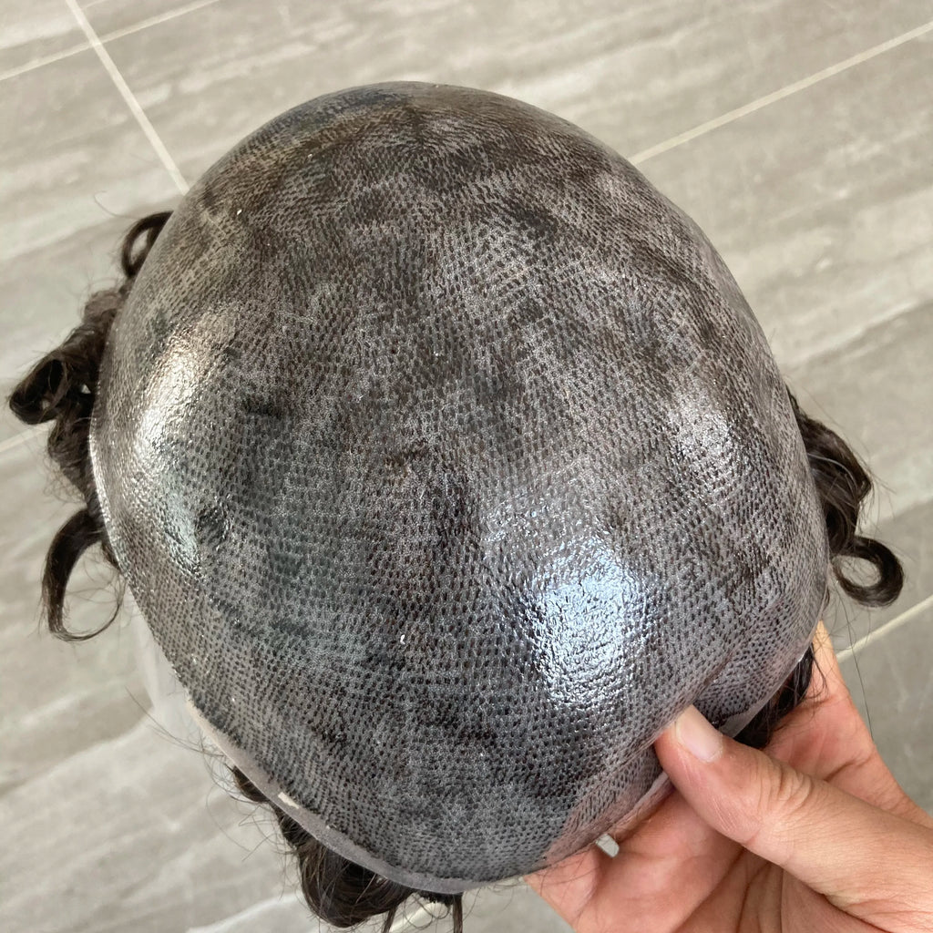 Durable Natural Hairline Human Hair Men's Toupee 26mm Curly Managable Skin Base #1 Jet Black Brown Hair Capillary Prosthesis