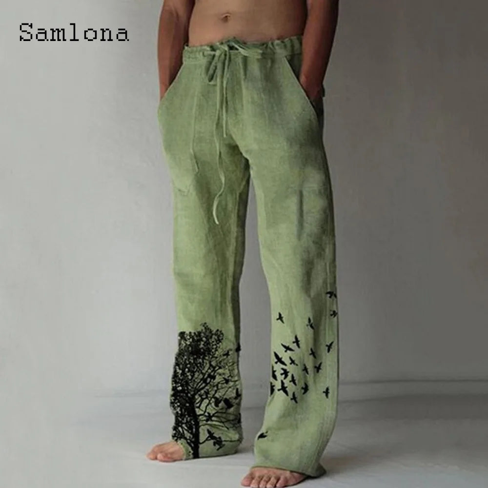 Samlona 2025 Men's Pocket Design Linen Pants Drawstring Loose Trouser Plus Size 3xl Mens Fashion Birds Feather Print Sweatpants