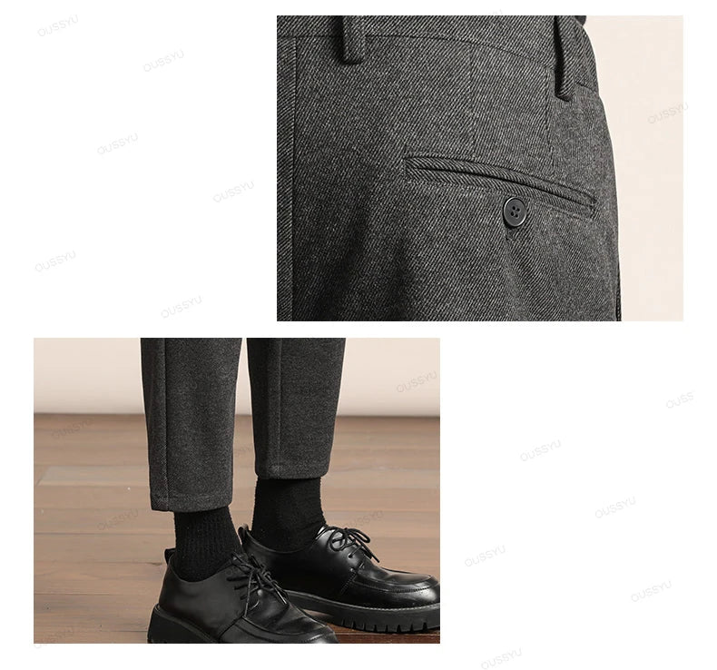 Brand Clothing Autumn Winter Luxury Suit Pants Men Thick Business Elastic Waist Woolen Ankle Pant Korean Formal Long Trousers