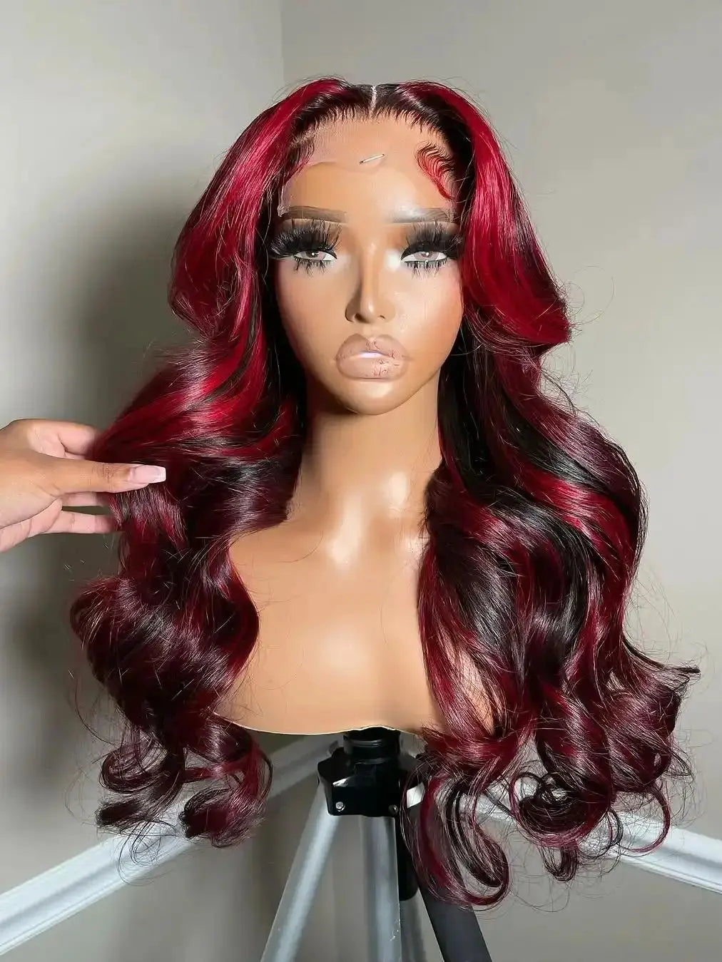Black With Red Highlight Wig Synthetic Lace Front Wig 13X4 Pre plucked Hairline With BabyHairWomen's Wig with Density Lace Front