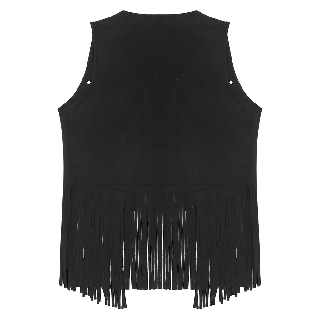 Mens Faux Suede Tassel Vest Coat Punk Western Cowboy Costume Fashion Rivets Fringe Waistcoat Open Front Sleeveless Jacket Tops