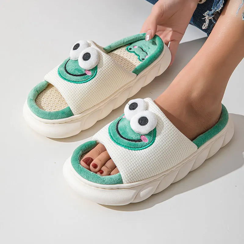Gacimy Women's Cartoon Linen Slippers Comfortable Soft Thick Sole Indoor House Slippers Summer New Breathable Cute Linen Slides